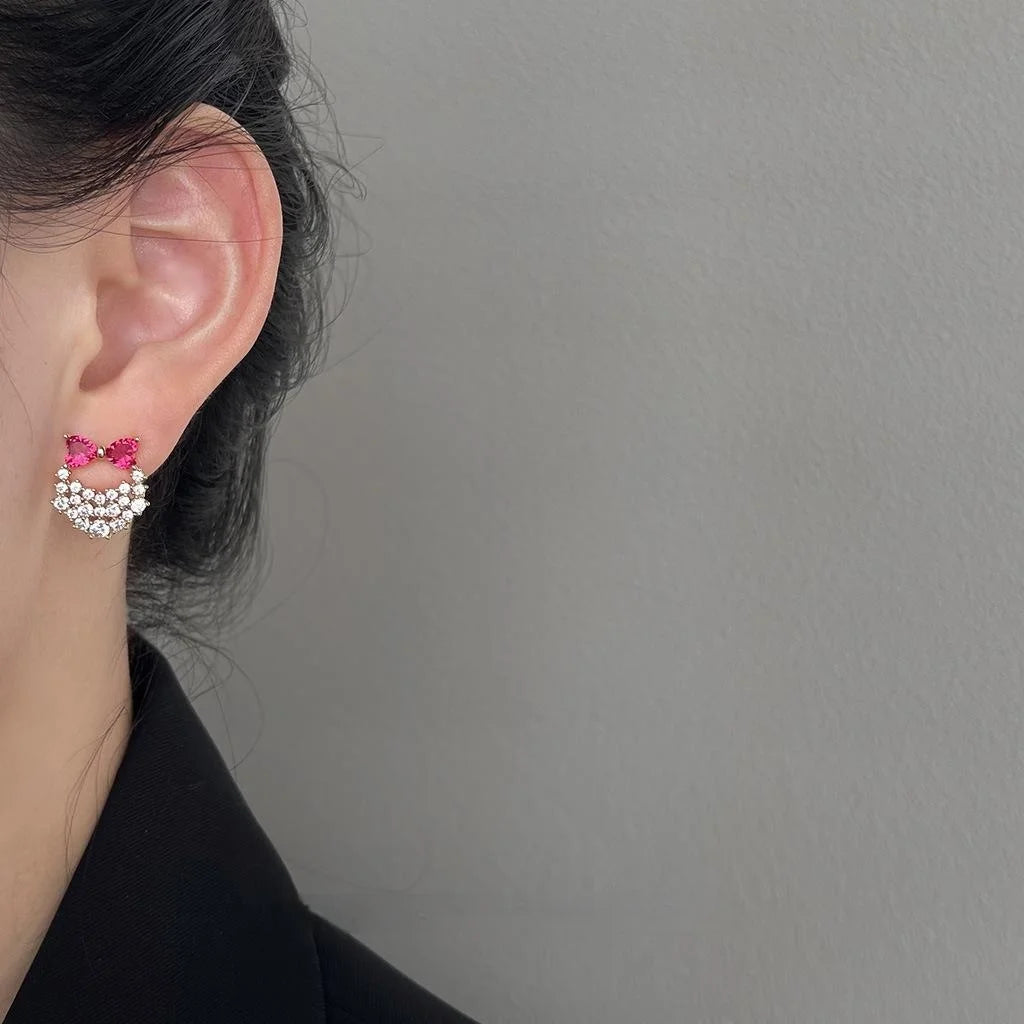 Sweet Princess Copper Micro Pave Zircon Bow Handbag Stud Earrings Rose Red Luxury Jewelry