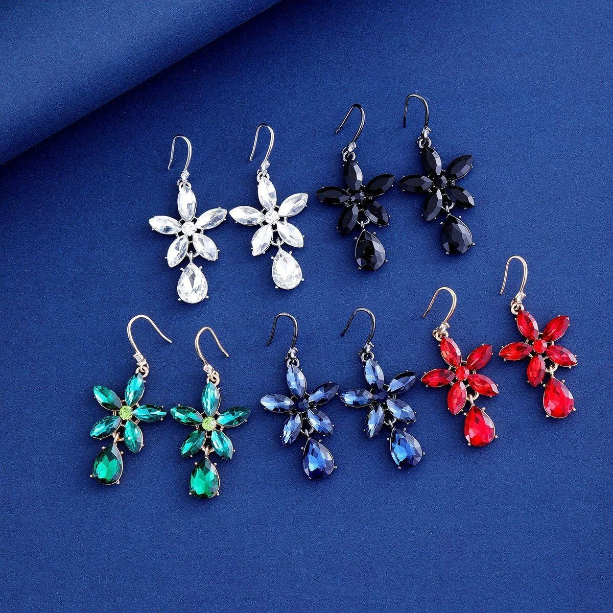 Luxury Crystal Flower Teardrop Dangle Earrings, Vintage Alloy Rhinestone Drop Jewelry For Wedding Party