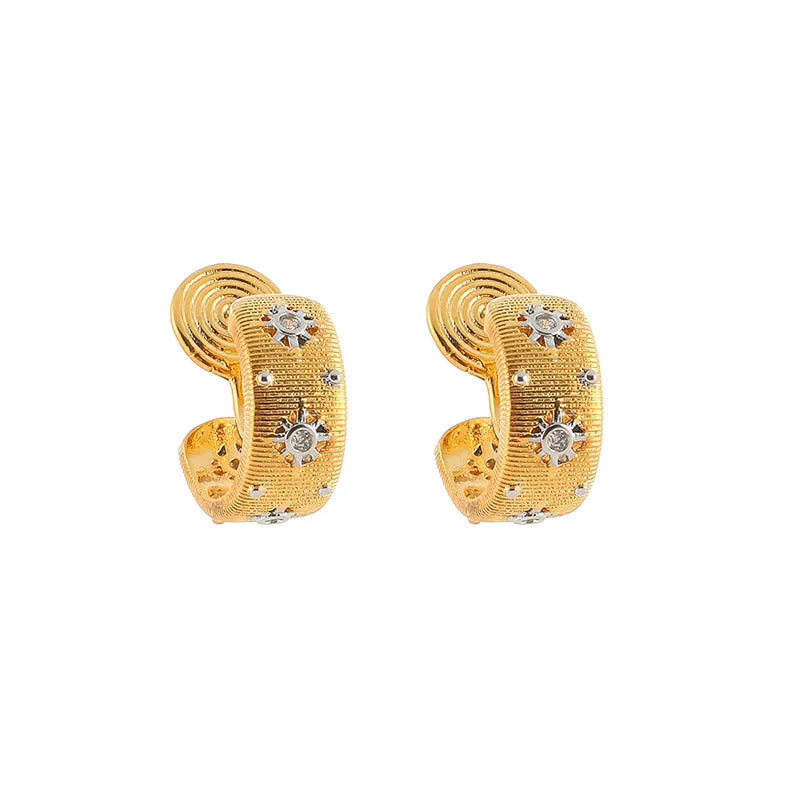 Unique Two Tone C Hoop Alloy Rhinestone Spiral Disc Stud & Clip On No Piercing Luxury Earrings