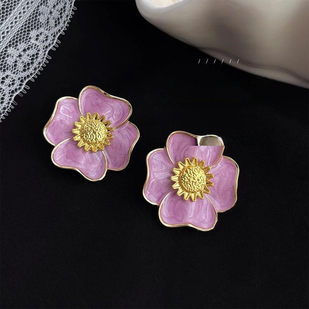 Vintage French Floral Alloy Stud Earrings Pink Purple Enamel Daisy Statement Jewelry