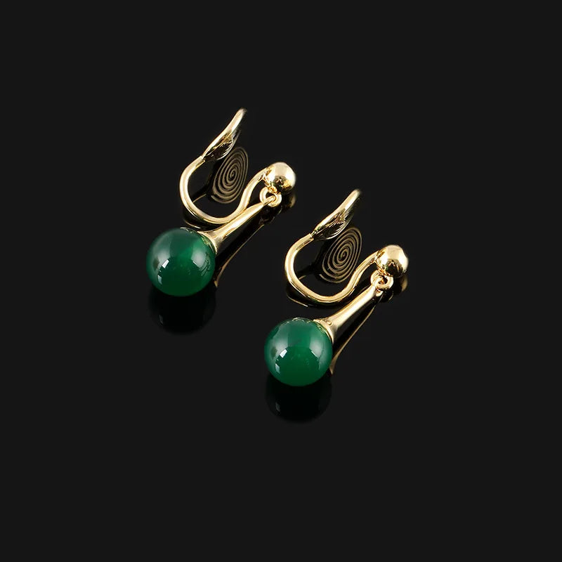 Vintage Green Agate Bead Spiral Disc Alloy Stud & Clip On No Piercing Chinese Style Drop Earrings