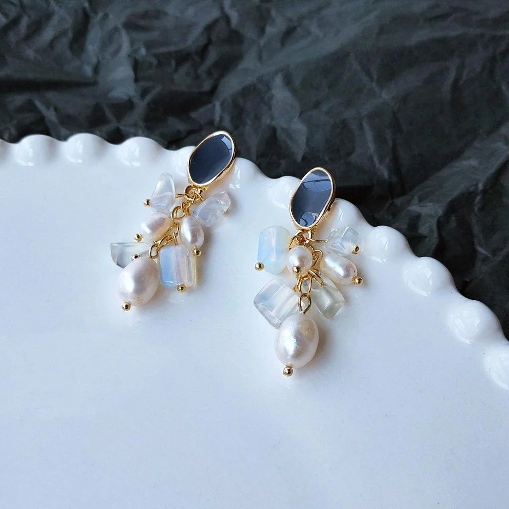 Handmade Forest Style 14K Gold Plated Opal Freshwater Pearl Geometric Drop Earrings For Women