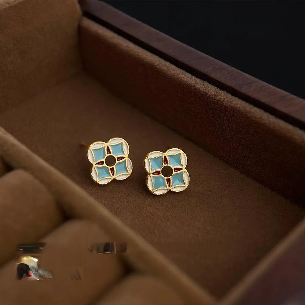 2025 New Chinese Style Copper Geometric Coin Stud Earrings For Women Petite Silver Plated Pin