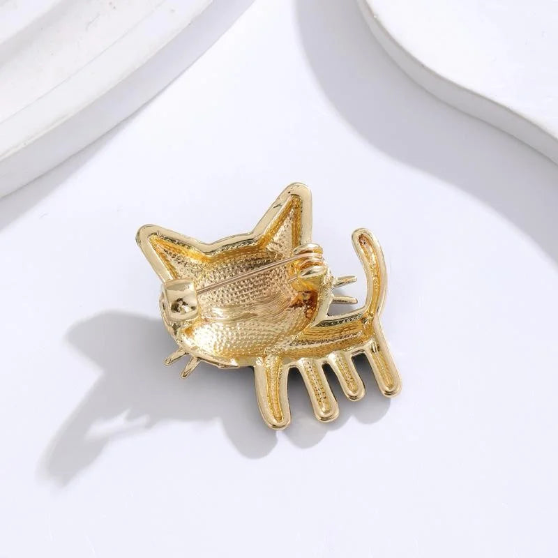 Cute Black Enamel Cartoon Cat Brooch With Gold Tone Alloy Whiskers, Fashion Lapel Pin Corsage Gift
