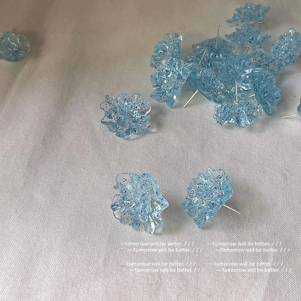 Elegant Ice Blue Resin Flower Stud Earrings With Silver Plated Pins Forest Style Sweet Jewelry