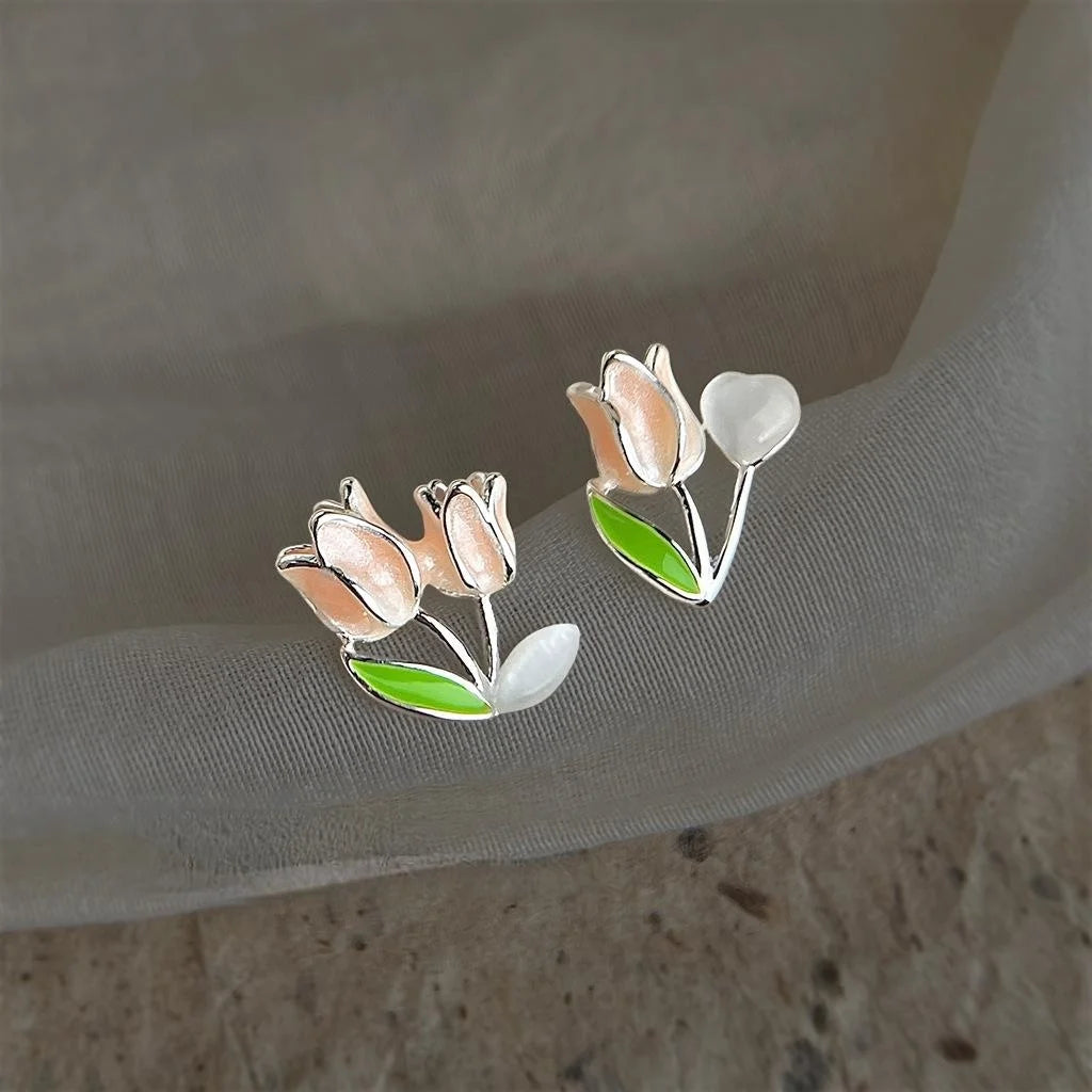 Sweet Asymmetric Tulip Flower Stud Earrings Copper Glass Cat Eye Stone Commuter Jewelry