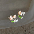 Sweet Asymmetric Tulip Flower Stud Earrings Copper Glass Cat Eye Stone Commuter Jewelry