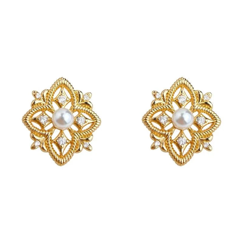 Light Luxury Copper Micro Pave Zircon Geometric Hollow Iris Flower Stud Earrings