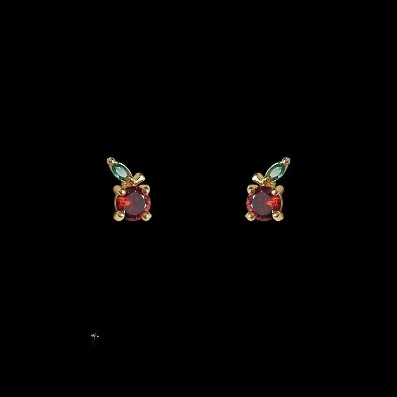 Cute Mini Apple Stud Earrings Copper Micro Pave Zircon Fruit Design For Daily Wear