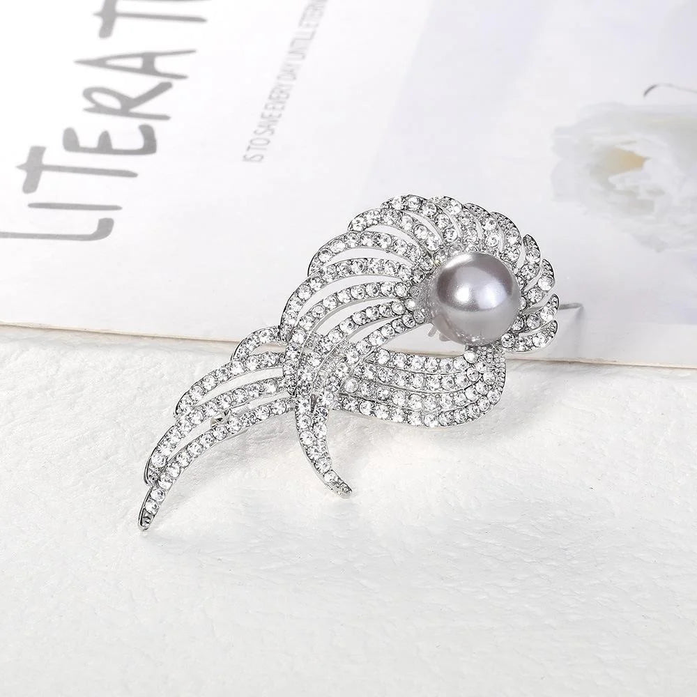 Elegant Alloy Rhinestone Wing Brooch With Faux Pearl Center, Sparkling Lapel Pin Corsage Suit Accessory