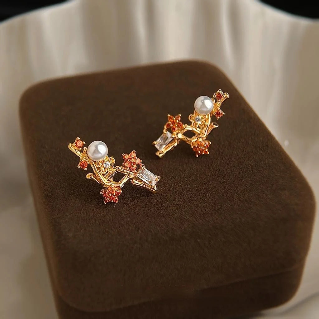 New Chinese Plum Blossom Leaf Stud Earrings Copper Pearl Zircon Micro Pave Jewelry