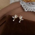 Copper Micro Pave Zircon Water Drop Butterfly Stud Earrings French Sweet Floral Style