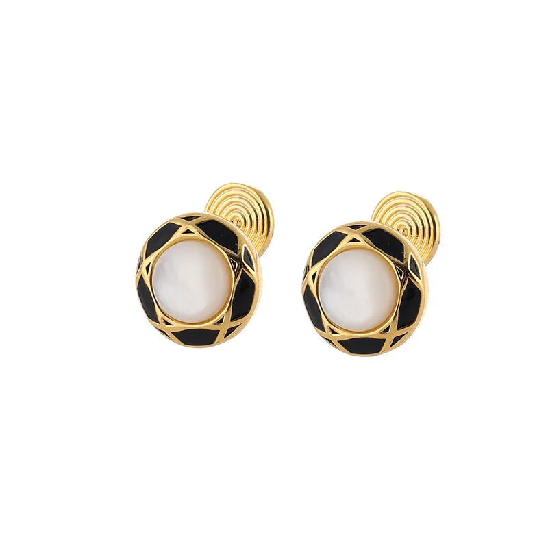 Vintage Black Enamel Shell Pearl Round Stud & Clip On No Piercing Luxury Gold Alloy Earrings