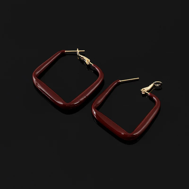 Vintage Burgundy Enamel Alloy Diamond Hoop Stud & Clip On No Piercing Geometric Statement Earrings