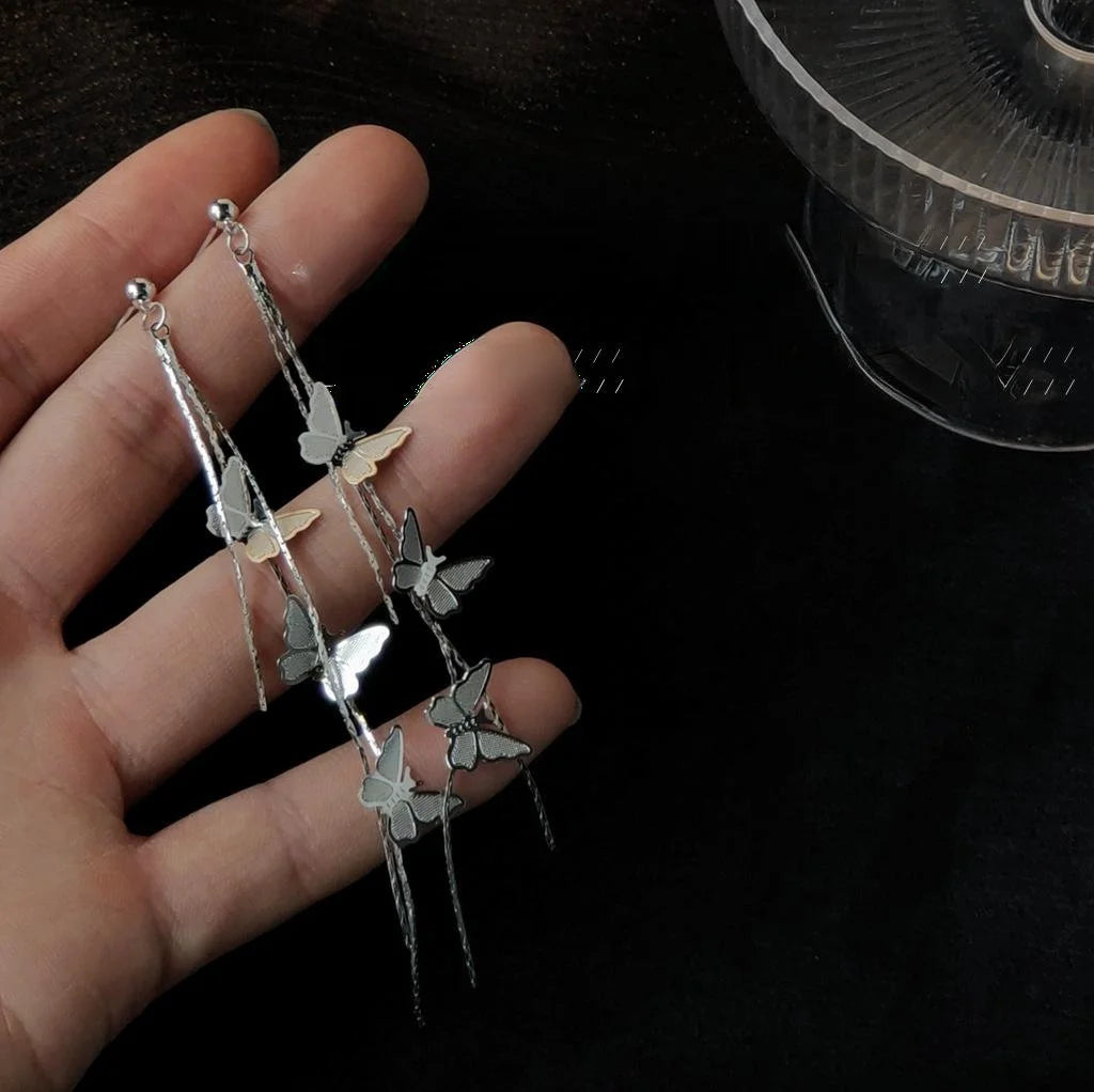Silver Plated Copper Butterfly Tassel Drop Earrings, Japanese Korean Fashion Insect Jewelry