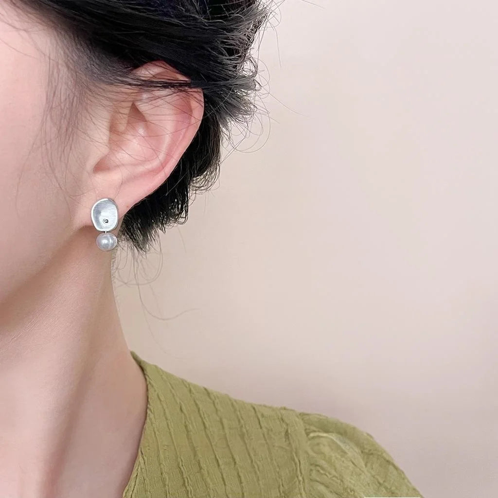 Matte Silver Brushed Copper Freshwater Pearl Irregular Geometric Drop Earrings For Women