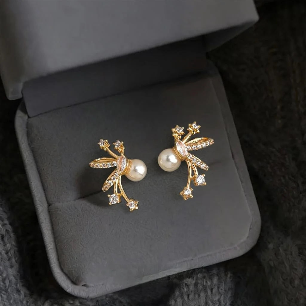 Designer Micro Pave Zircon And Pearl Bow Star Geometric Copper Stud Earrings
