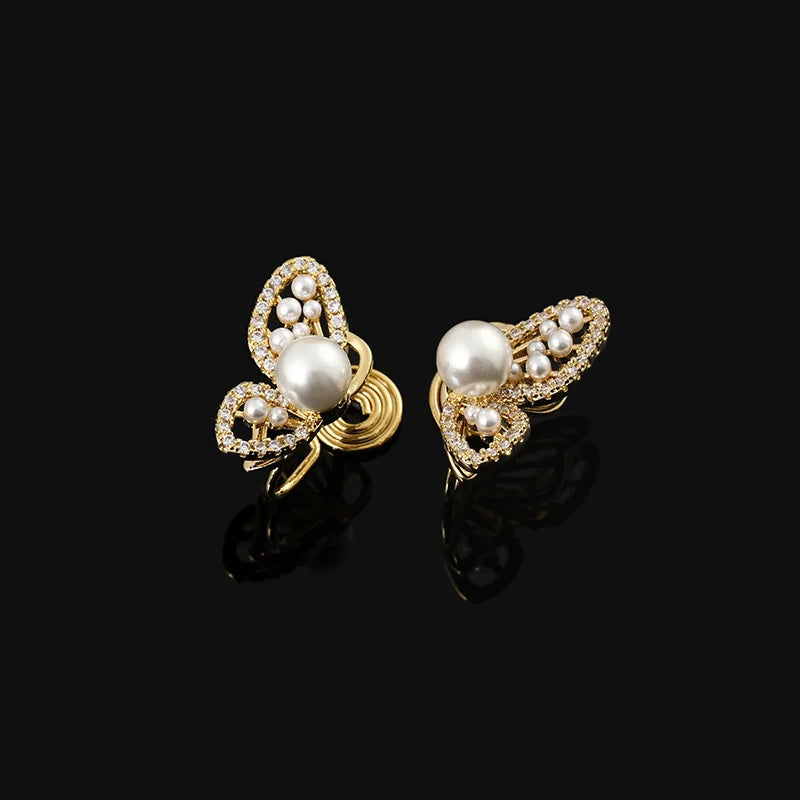 Elegant Pearl Butterfly Rhinestone Gold Alloy Stud & Clip On No Piercing Vintage Women's Earrings
