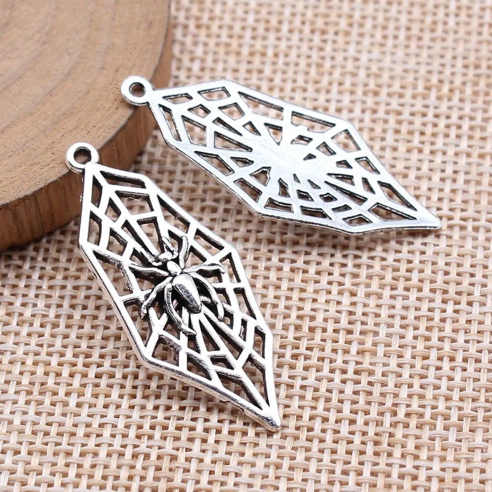 38x15mm 2.1g Antique Silver Tone Zinc Alloy Spider Web Charm Pendant for Halloween DIY Jewelry