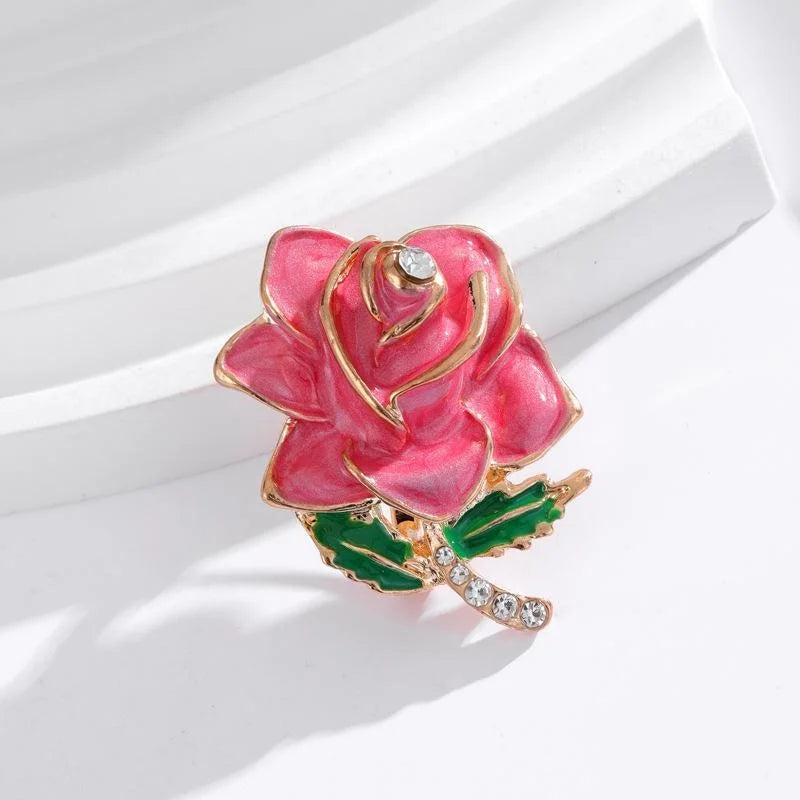 Elegant Pink Enamel Rose Flower Alloy Rhinestone Brooch, Luxury Floral Lapel Pin Corsage Gift