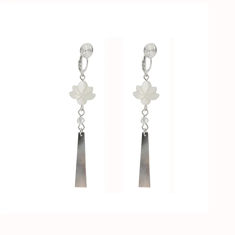 Vintage Natural Shell Lotus Flower Long Tassel Stud & Clip On No Piercing Chinese Style Dangle Earrings