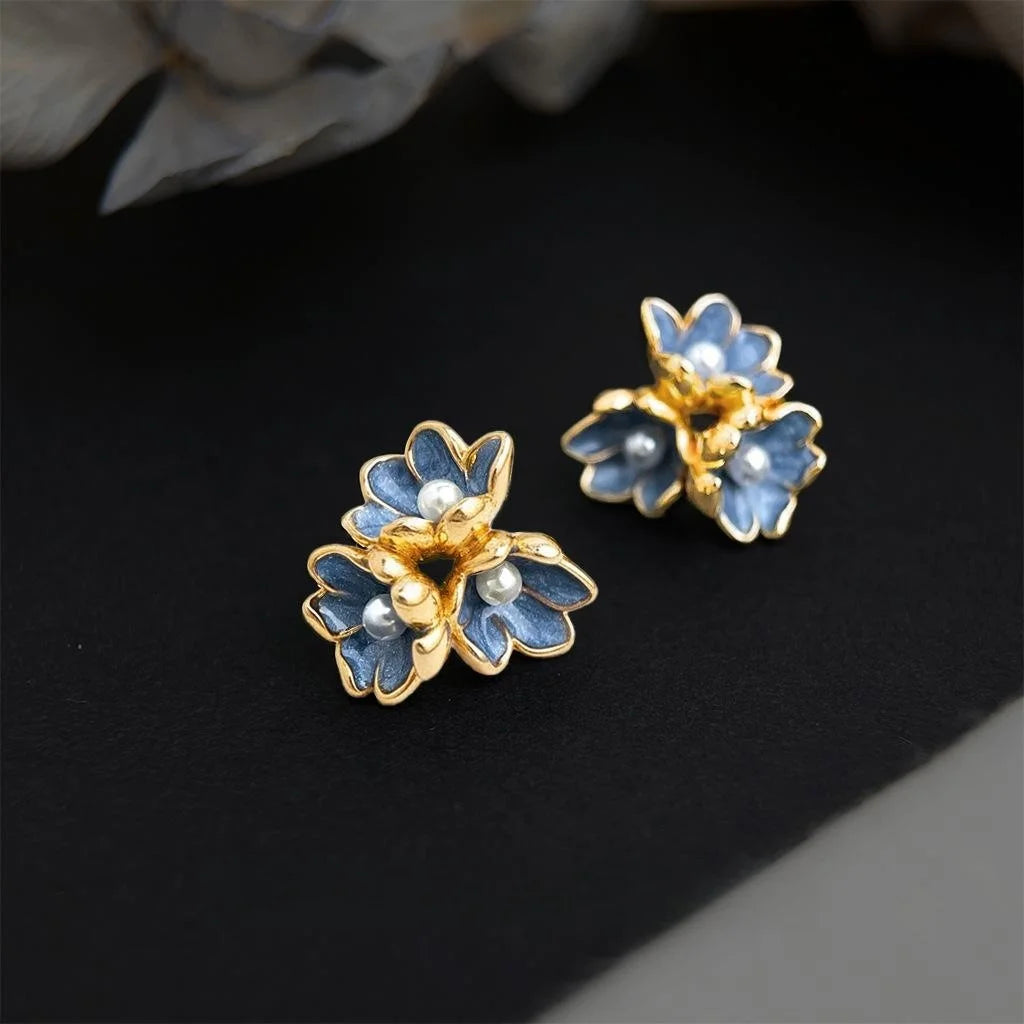 Blue Iris Flower Enamel Drip Glaze Copper Stud Earrings With Pearl