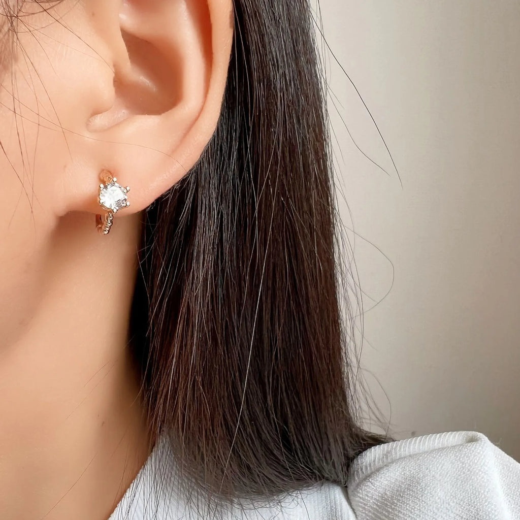 Elegant Zircon Spiral Disc Hoop Stud & Clip On No Piercing Rose Gold Plated Minimalist Women's Earrings