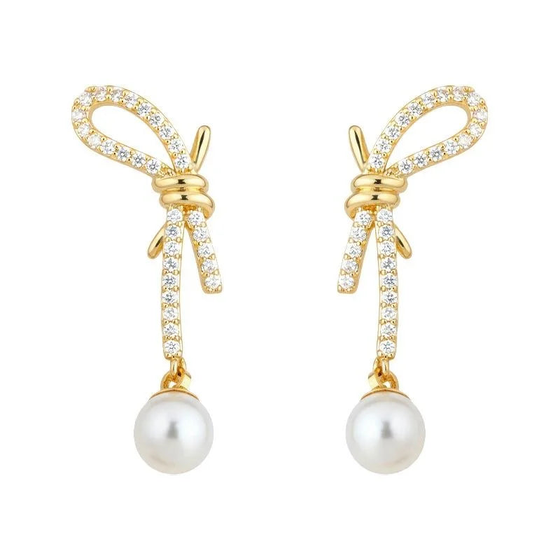 Sweet Bow Knot Drop Earrings With Zircon, Pearl, Hollow Geometric Copper Jewelry