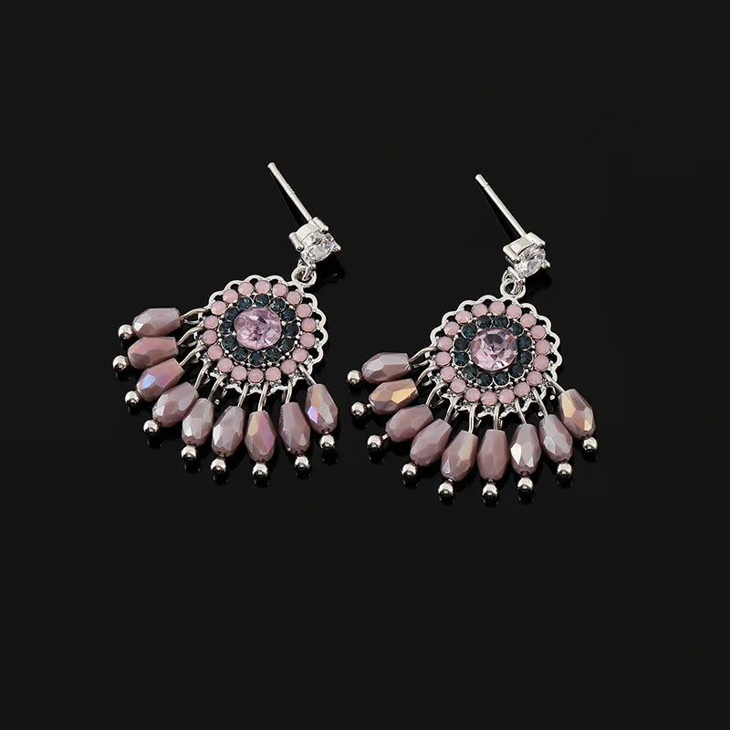 Elegant Vintage Purple Crystal Beaded Dreamcatcher Tassel Alloy Stud & Clip On No Piercing Earrings