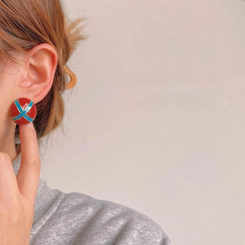 French Burgundy Enamel 14K Plated Copper Round Geometric Stud Earrings Vintage Hong Kong Style