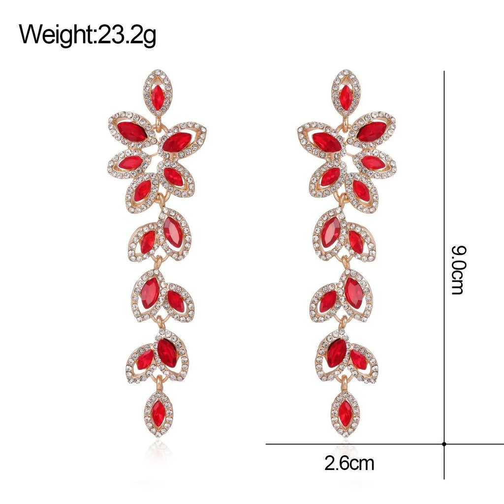 Elegant Green Crystal Leaf Tassel Earrings, Alloy Rhinestone Long Drop Earrings For Wedding Party Gift