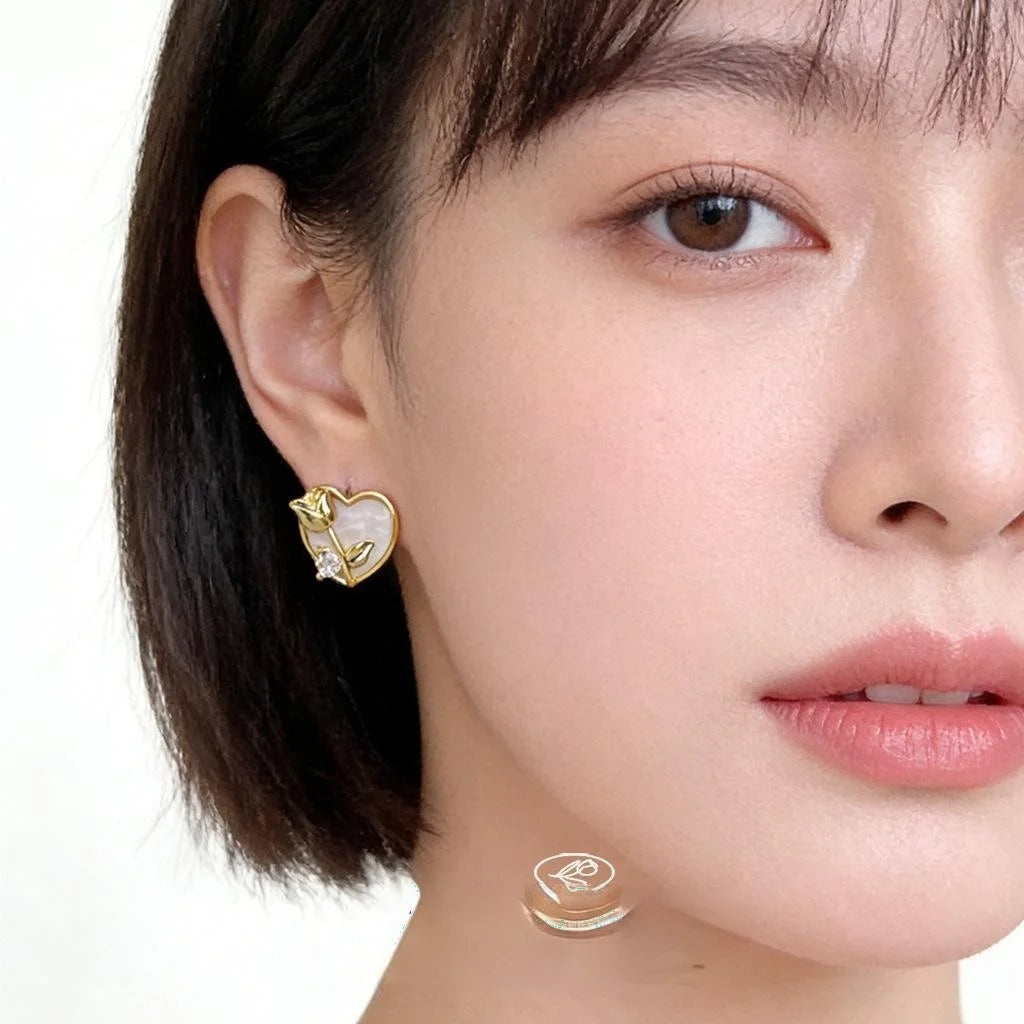 Modern Minimalist Copper Zircon Heart Tulip Flower Stud Earrings