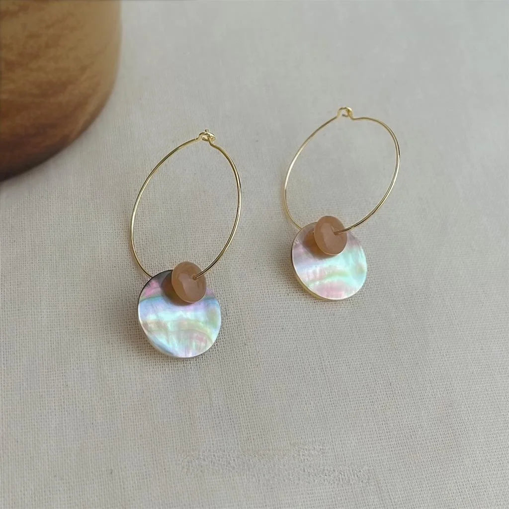 Handmade Copper Real Shell Topaz Round Geometric Drop Earrings For Women Casual Vacation Style