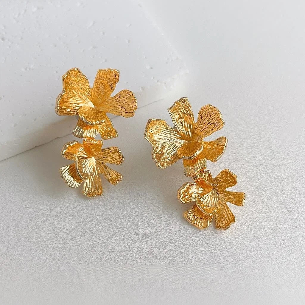 Vintage 14K Gold Plated Copper 3D Flower Petal Convertible Drop Earrings