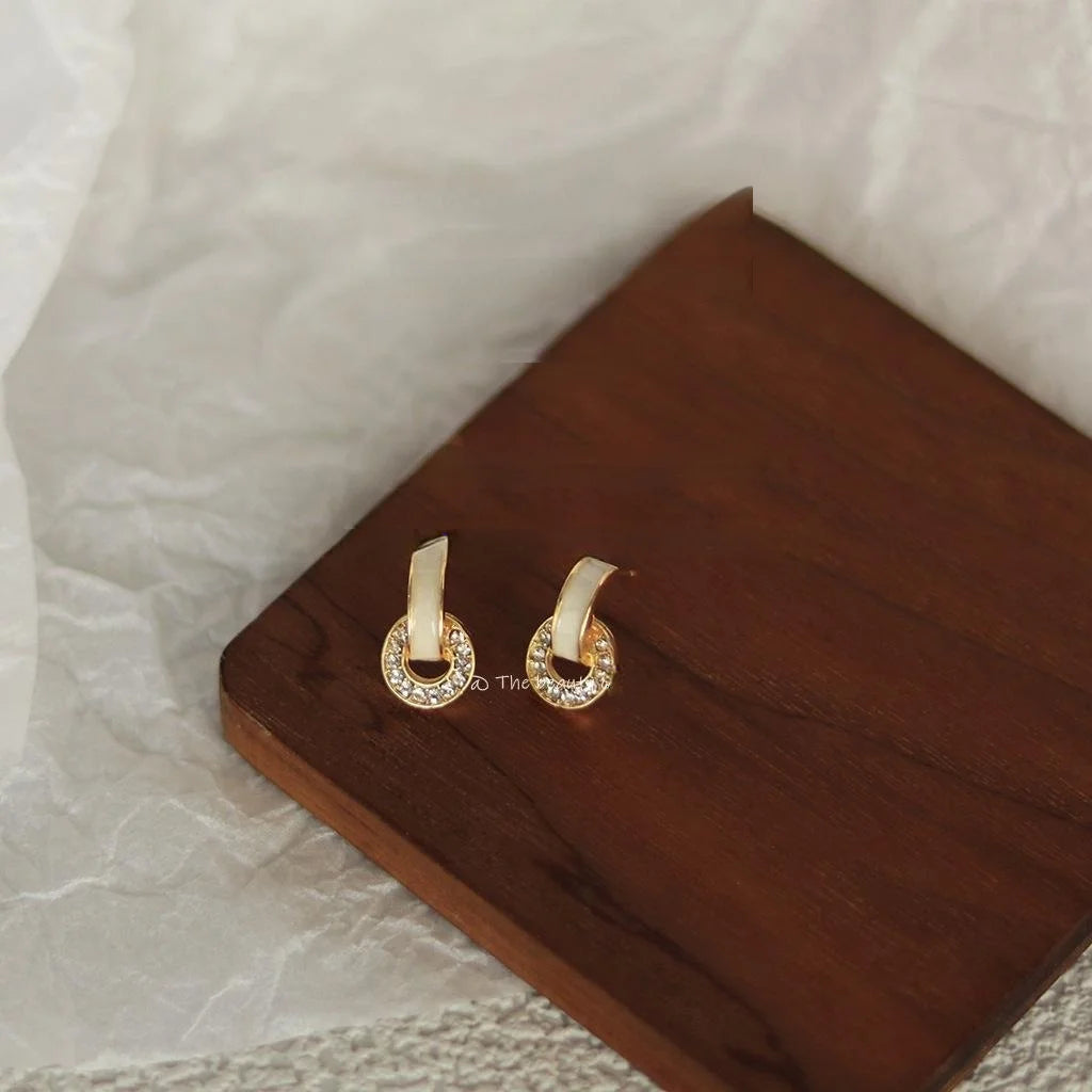 14K Plated Alloy Geometric Round Rhinestone Stud Earrings Korean Minimalist Sweet Style