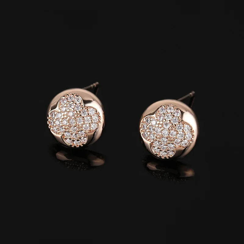 Luxury Four Leaf Clover Rhinestone Round Alloy Stud & Clip On No Piercing Commuter Earrings