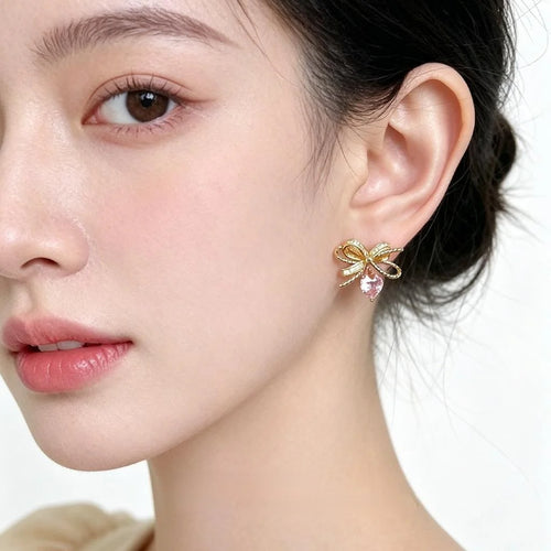 Sweet Pink Bow Heart Drop Earrings Copper Micro Pave Zircon Fresh Geometric Jewelry