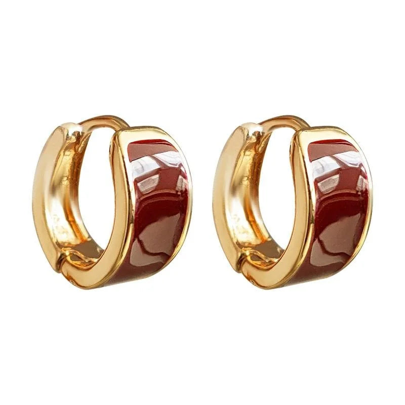 Vintage Hong Kong Style Burgundy Enamel 14K Gold Plated Copper Geometric Stud Earrings