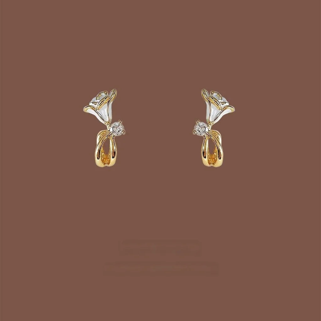 French Vintage Copper Micro Pave Zircon Morning Glory Flower Enamel Stud Earrings