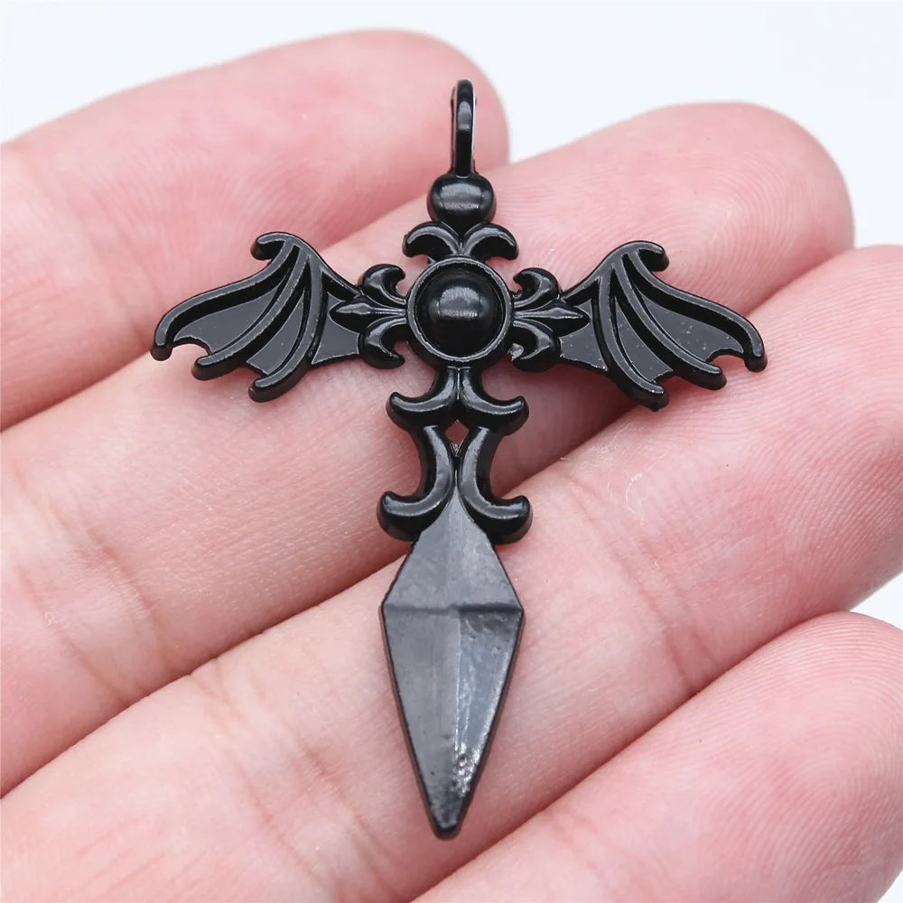 34x44mm 3g Black Antique Silver Zinc Alloy Gothic Wing Cross Charm Pendant for DIY Jewelry Making
