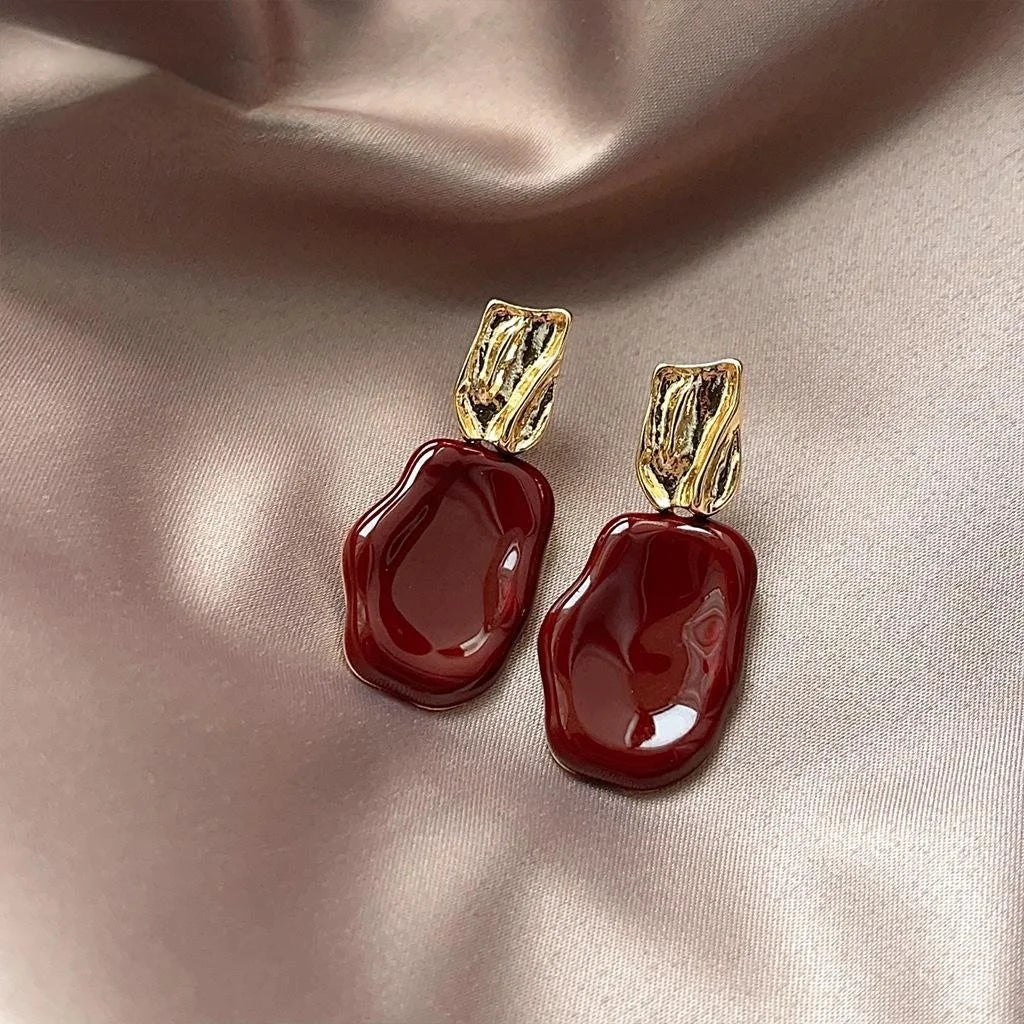 14K Plated Copper Burgundy Enamel Irregular Geometric Hong Kong Vintage Drop Earrings