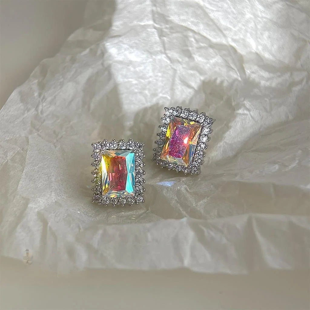 Luxury Geometric Square Zircon Stud Earrings Copper Colorful Sparkle Women's Jewelry