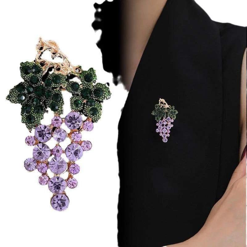 Elegant Purple Rhinestone Grape Brooch With Green Leaf Alloy Lapel Pin, Luxury Corsage Suit Accessory