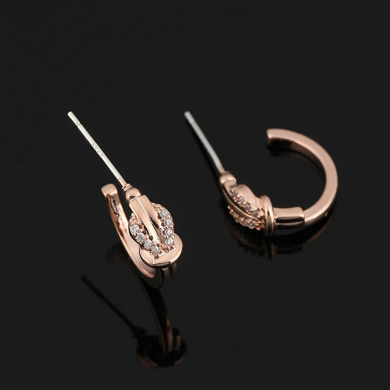 Elegant Rose Gold Alloy Knotted Small Hoop Stud & Clip On No Piercing Silicone Pad Rhinestone Earrings