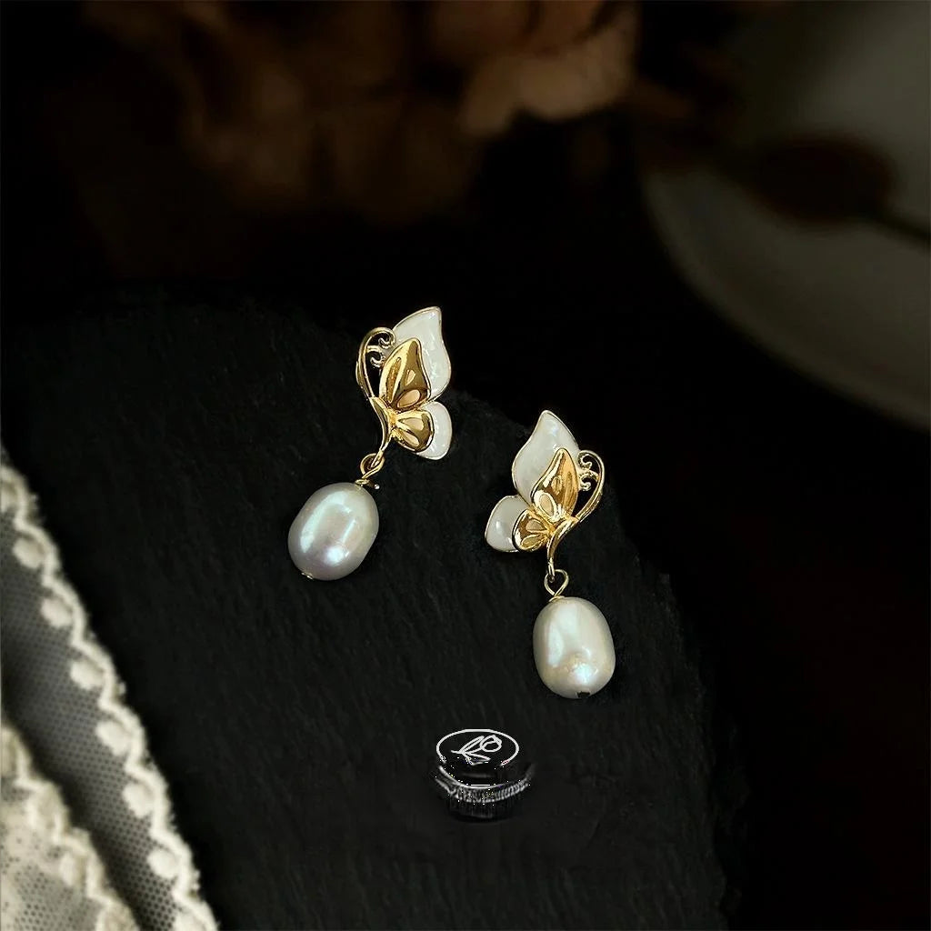 Elegant French Butterfly Drop Earrings Copper Shell Freshwater Pearl Handmade Light Luxury Jewelry