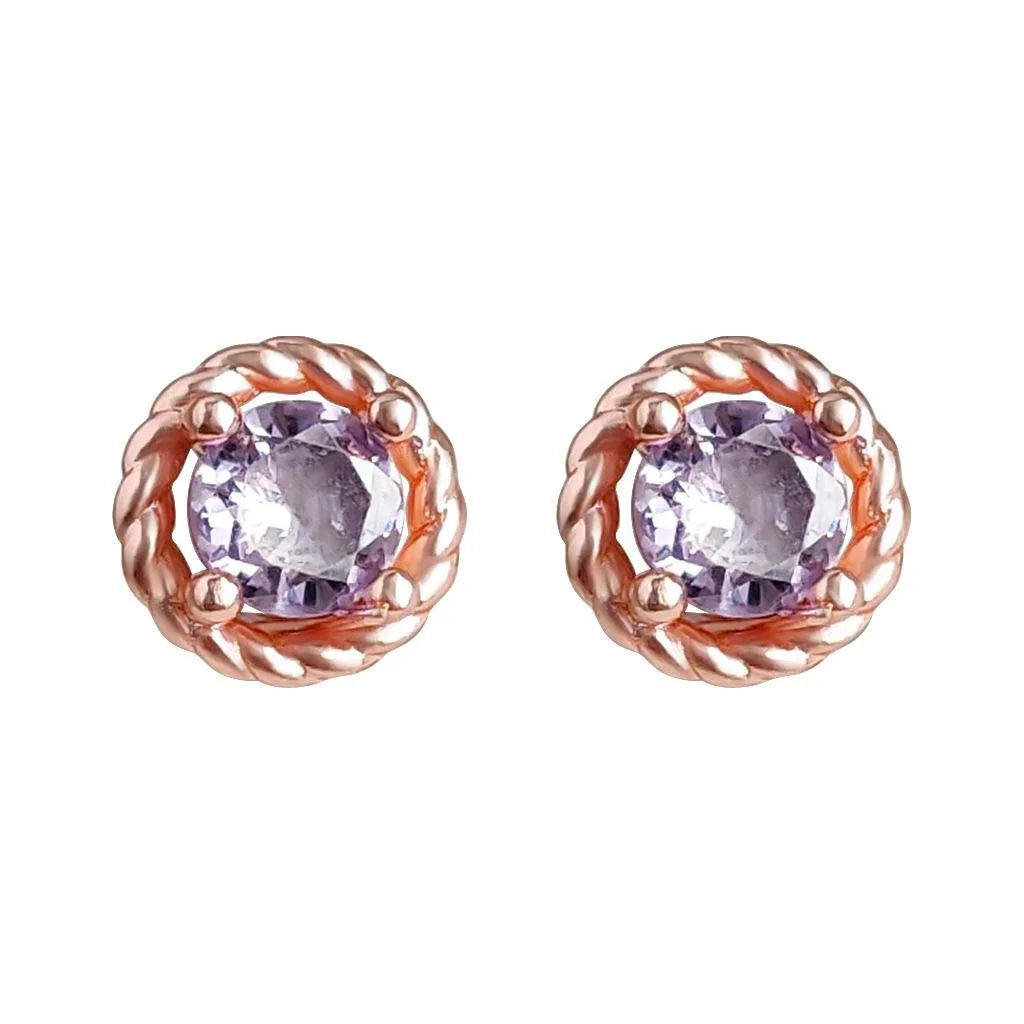 Mini Micro Pave Purple Zircon Round Geometric Rose Gold Plated Copper Stud Earrings