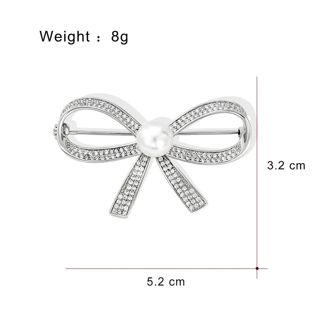 Elegant Rhinestone Zircon Bow Brooch With Pearl Center, Women's Fashion Lapel Pin Corsage Suit Accessory