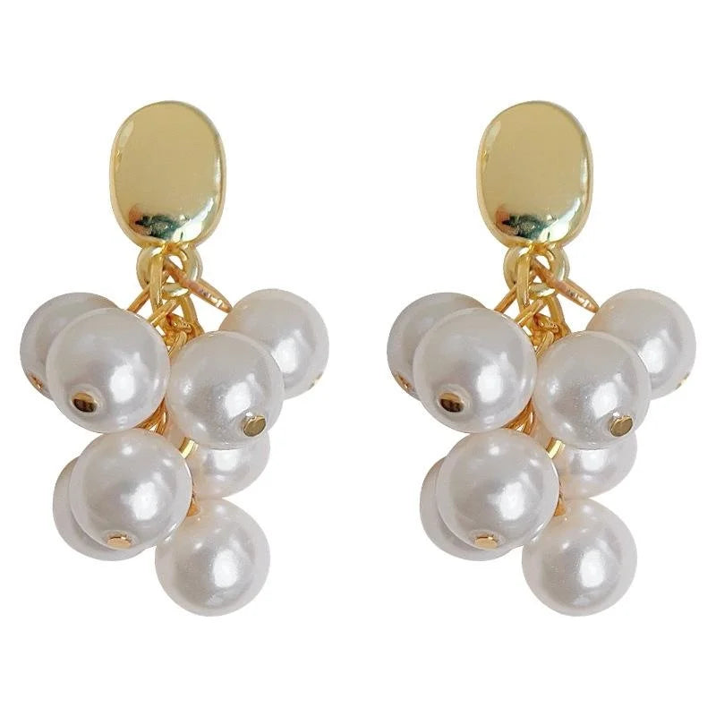 Light Luxury Handmade Silver Plated Pin Glass Pearl Grape Cluster Tassel Drop Earrings
