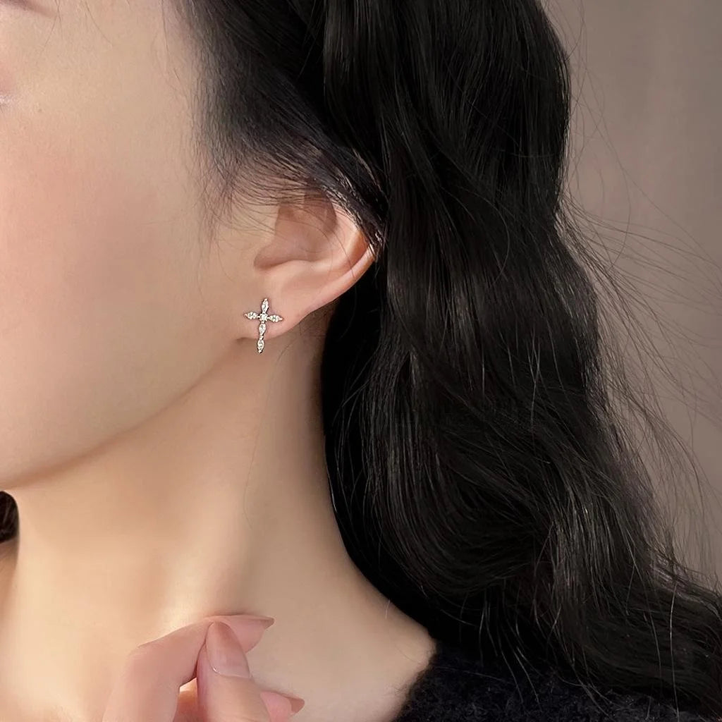 Minimalist Copper Micro Pave Zircon Cross Stud Earrings Geometric Faith Jewelry