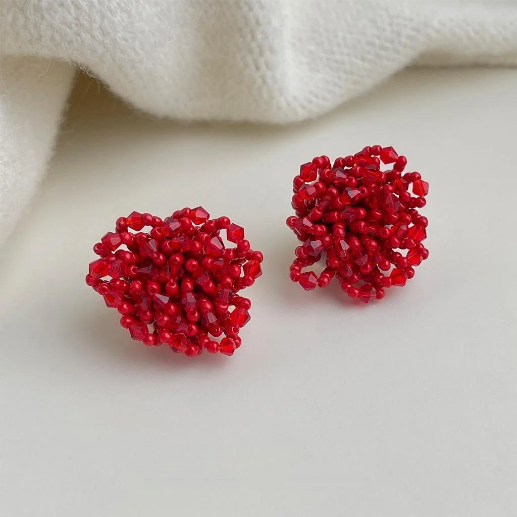 Handwoven Red Glass Crystal Flower Drop Earrings, Copper Seed Bead Designer Luxury Jewelry